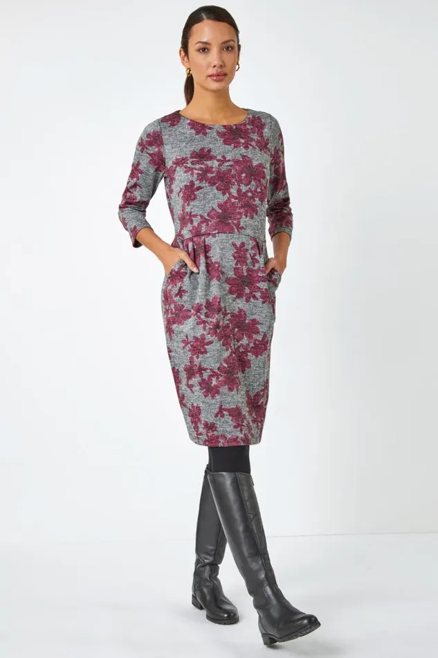 Pink Floral Print Pocket Stretch Dress Women Roman Dresses