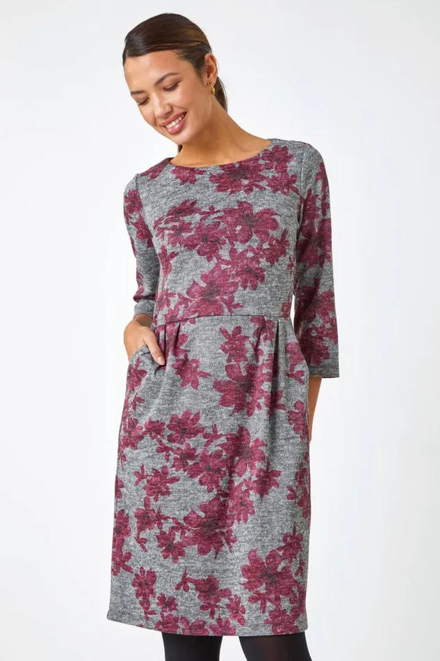 Pink Floral Print Pocket Stretch Dress Women Roman Dresses
