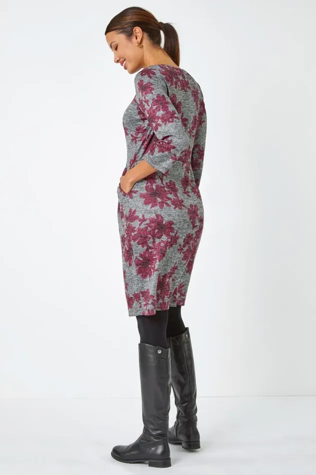 Pink Floral Print Pocket Stretch Dress Women Roman Dresses