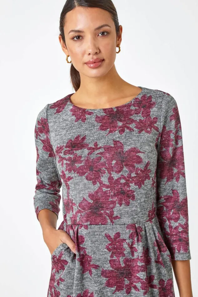 Pink Floral Print Pocket Stretch Dress Women Roman Dresses