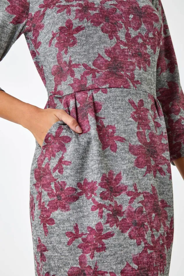 Pink Floral Print Pocket Stretch Dress Women Roman Dresses