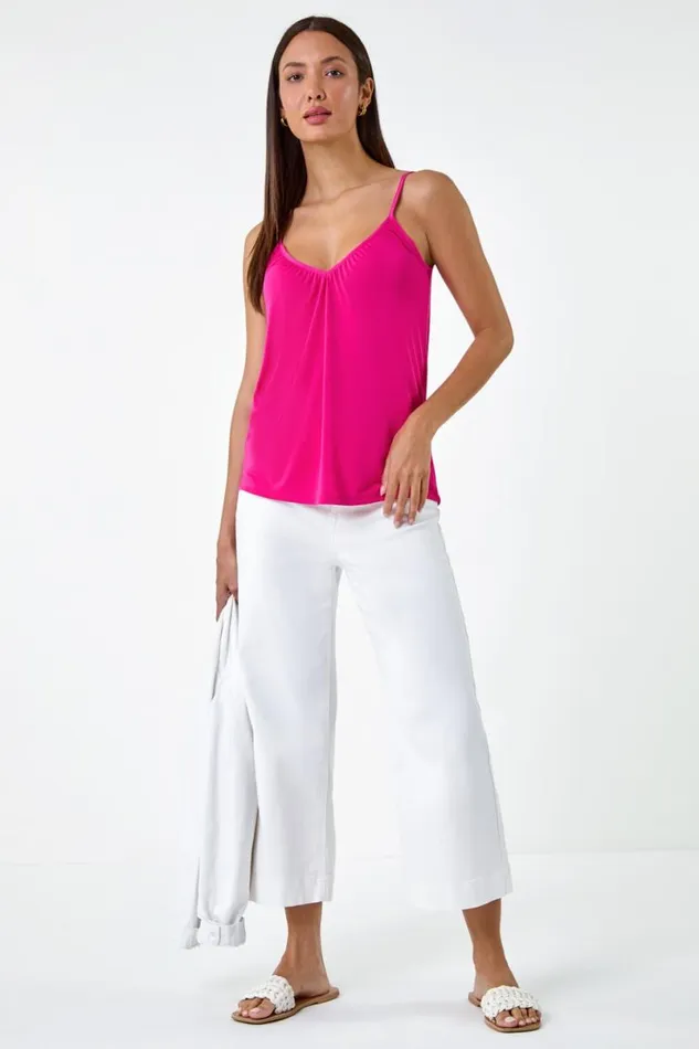 Pink Gathered VNeck Stretch Vest Top Women Roman Tops