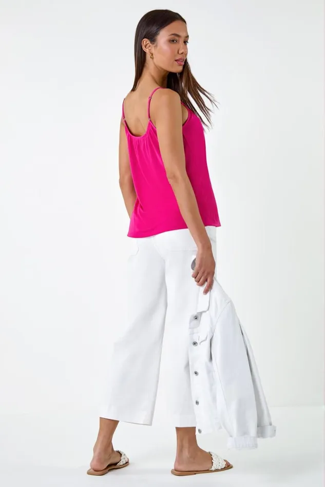 Pink Gathered VNeck Stretch Vest Top Women Roman Tops