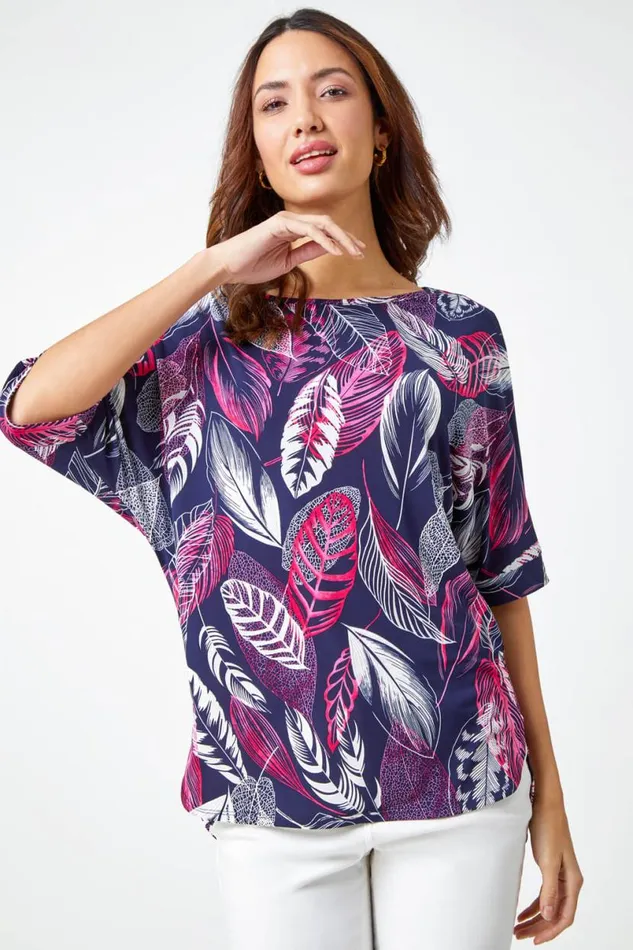 Pink Leaf Print Textured Tunic Top Women Roman Tops