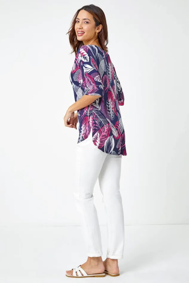 Pink Leaf Print Textured Tunic Top Women Roman Tops