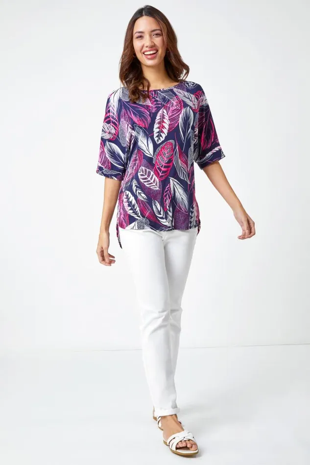 Pink Leaf Print Textured Tunic Top Women Roman Tops