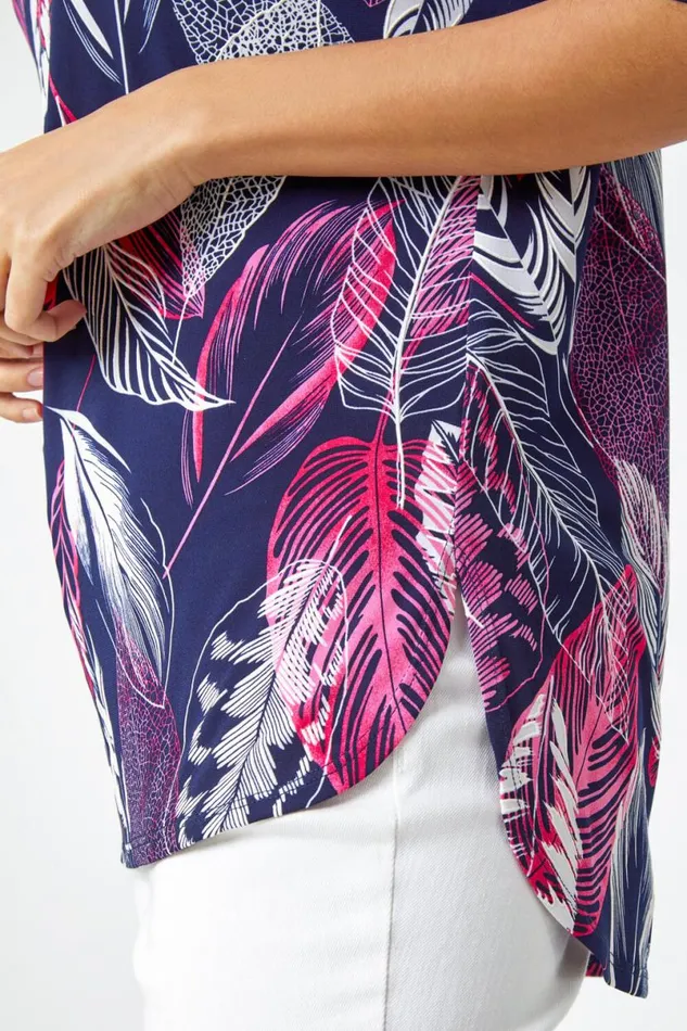 Pink Leaf Print Textured Tunic Top Women Roman Tops