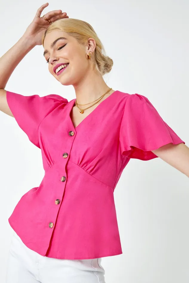 Pink Linen Button Through Blouse Women Roman Tops