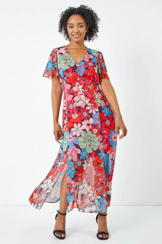 Pink Petite Floral Button Front Chiffon Midi Dress Women Roman Dresses