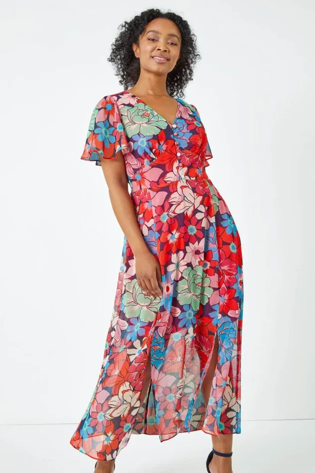 Pink Petite Floral Button Front Chiffon Midi Dress Women Roman Dresses