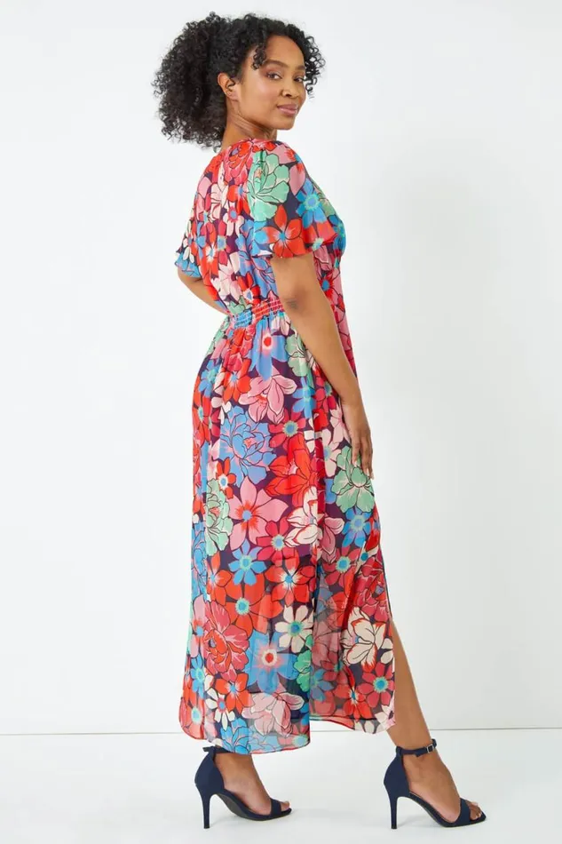 Pink Petite Floral Button Front Chiffon Midi Dress Women Roman Dresses