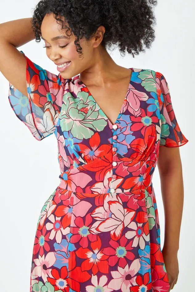 Pink Petite Floral Button Front Chiffon Midi Dress Women Roman Dresses