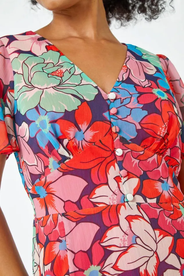 Pink Petite Floral Button Front Chiffon Midi Dress Women Roman Dresses