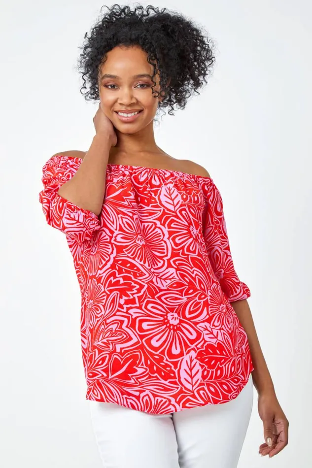 Pink Petite Floral Print Bardot Top Women Roman Tops