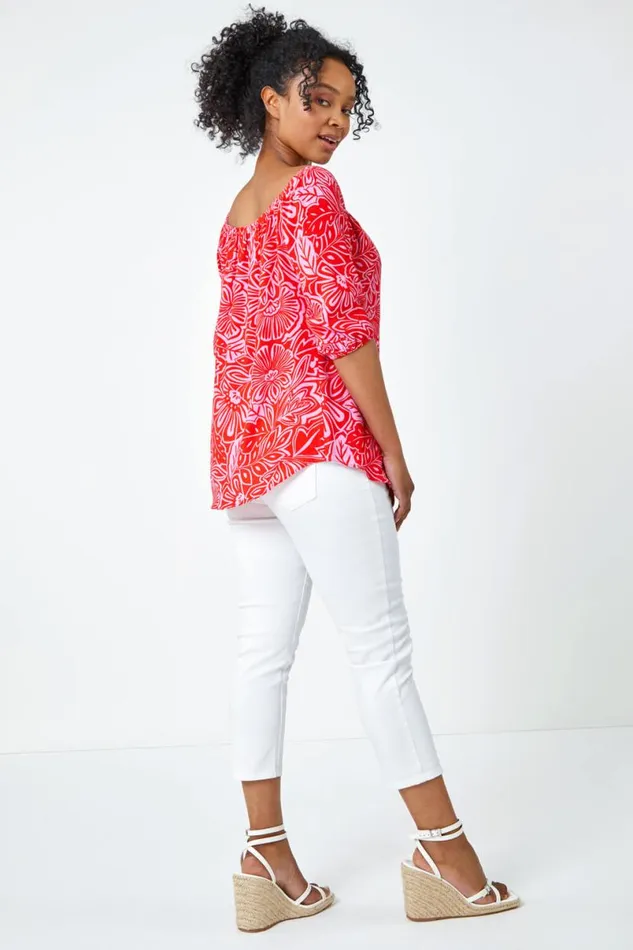 Pink Petite Floral Print Bardot Top Women Roman Tops