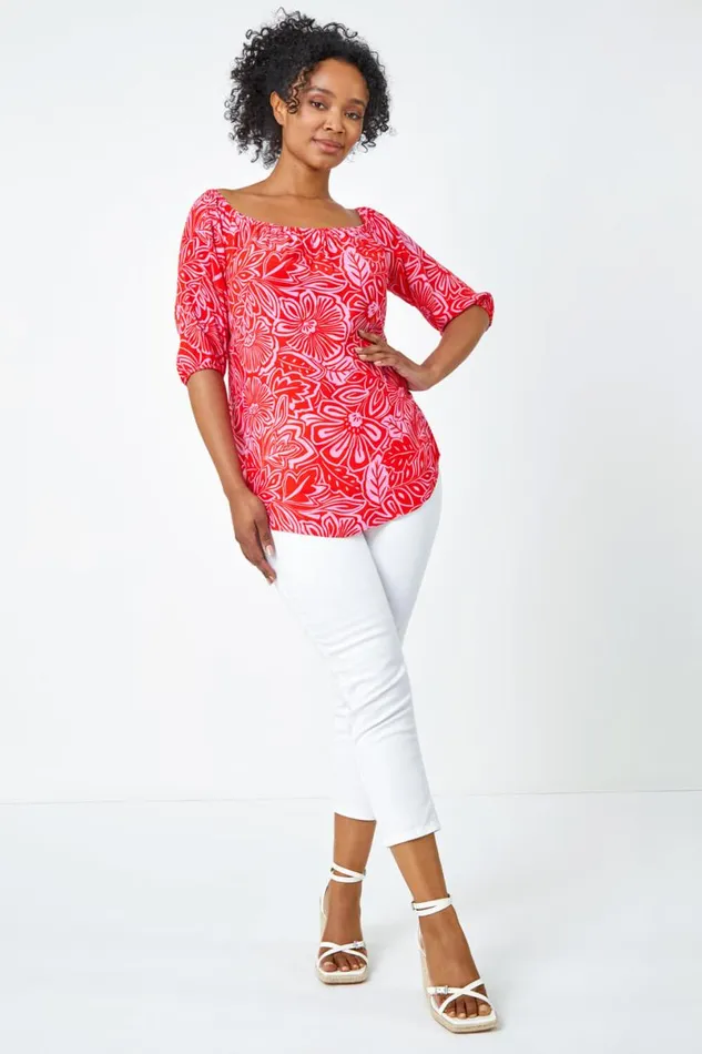 Pink Petite Floral Print Bardot Top Women Roman Tops