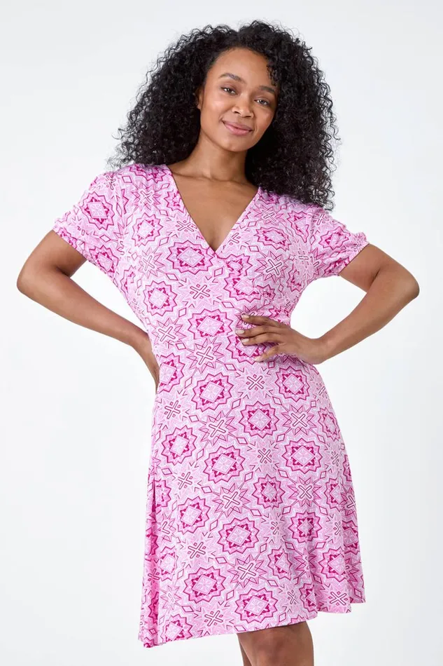 Pink Petite Geo Print Stretch Wrap Dress Women Roman Dresses