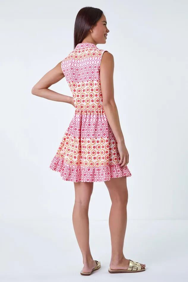Pink Petite Geometric Frill Hem Tunic Dress Women Roman Dresses