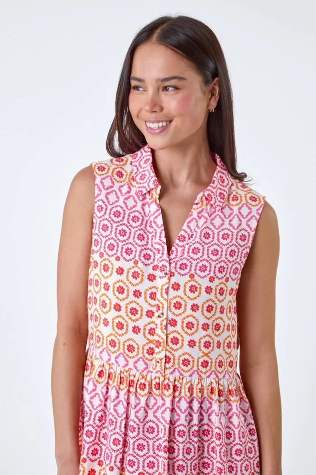 Pink Petite Geometric Frill Hem Tunic Dress Women Roman Dresses