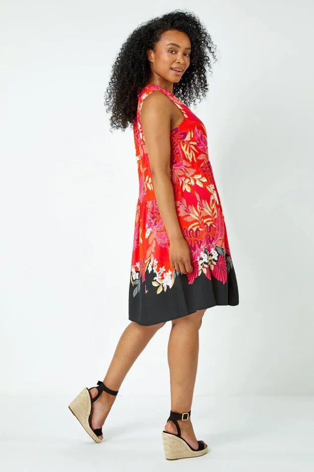 Pink Petite Palm Print Tunic Dress Women Roman Dresses