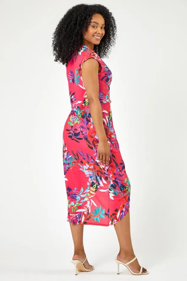 Pink Petite Tropical Print Ruched Wrap Dress Women Roman Dresses