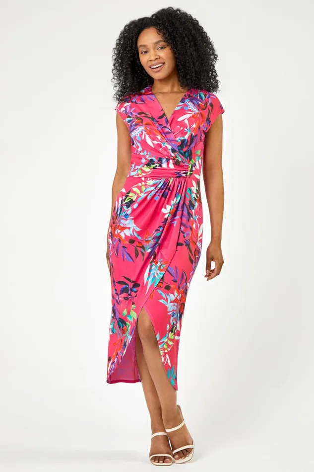 Pink Petite Tropical Print Ruched Wrap Dress Women Roman Dresses