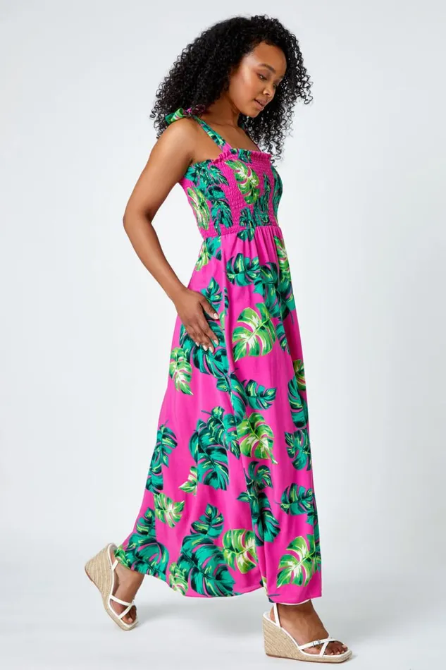 Pink Petite Tropical Print Shirred Maxi Dress Women Roman Dresses