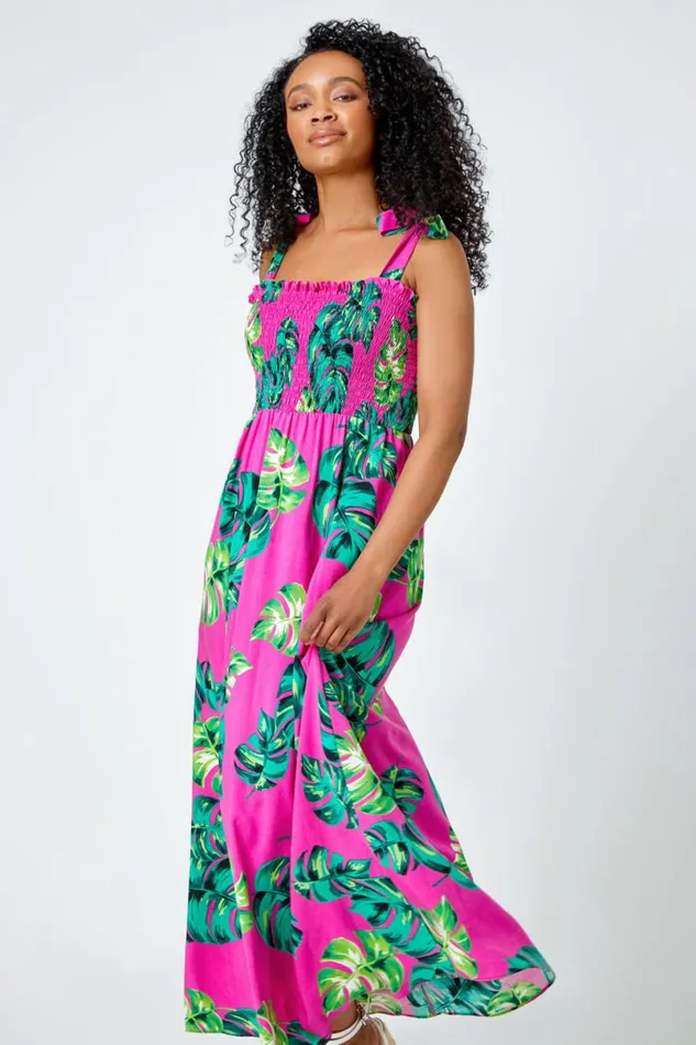 Pink Petite Tropical Print Shirred Maxi Dress Women Roman Dresses