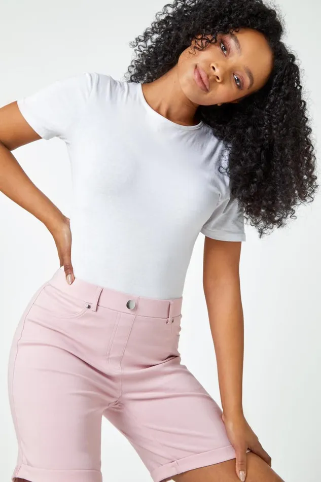 Pink Petite Turned Hem Elastic Waist Shorts Women Roman Shorts