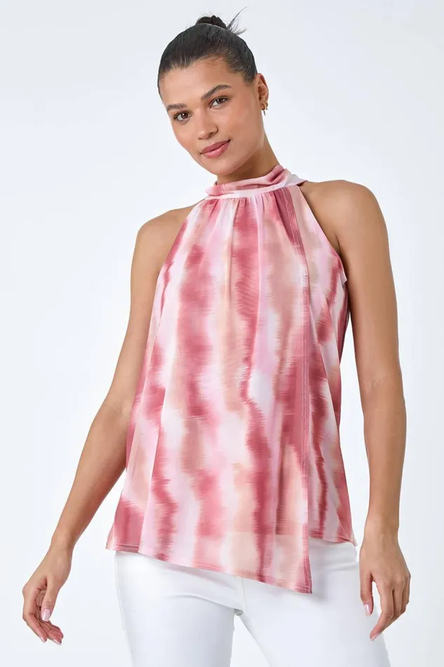 Pink Printed Mesh High Neck Tie Top Women Roman Tops