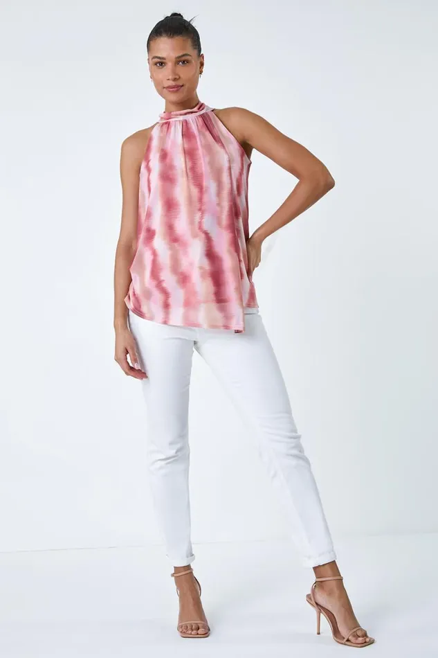 Pink Printed Mesh High Neck Tie Top Women Roman Tops