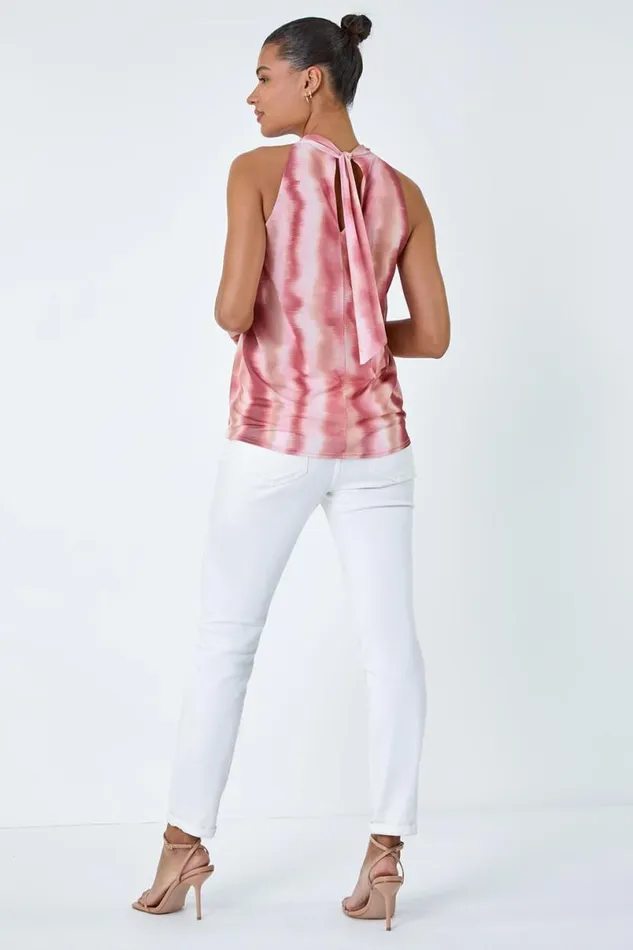 Pink Printed Mesh High Neck Tie Top Women Roman Tops