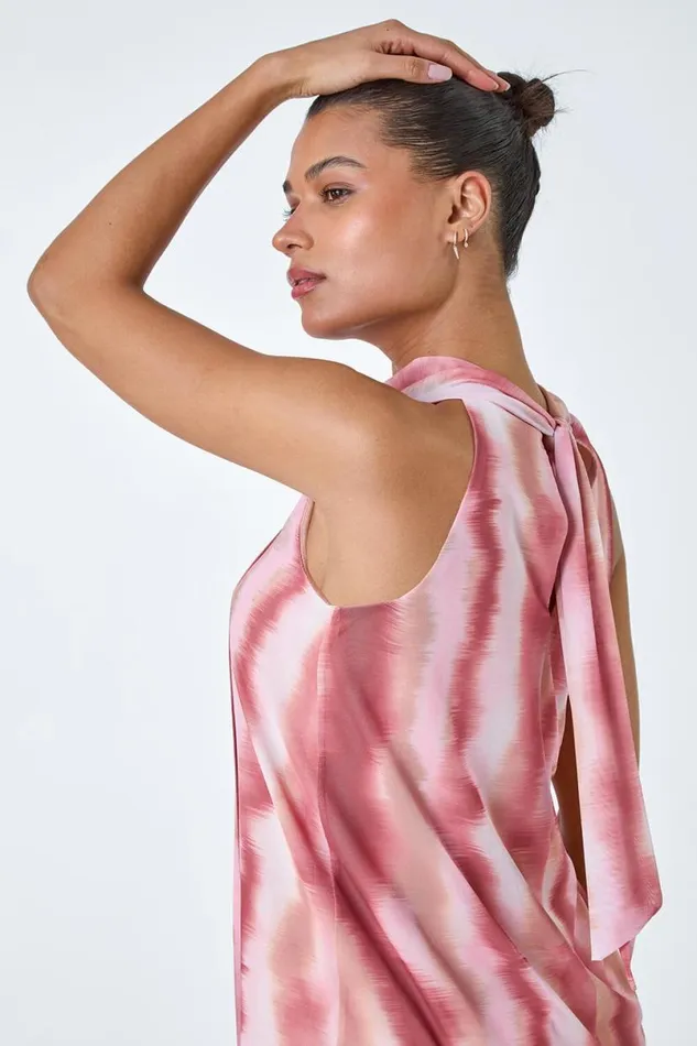 Pink Printed Mesh High Neck Tie Top Women Roman Tops