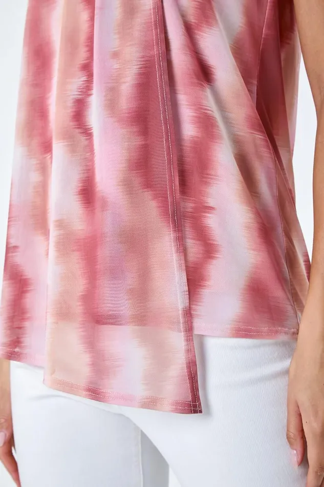 Pink Printed Mesh High Neck Tie Top Women Roman Tops