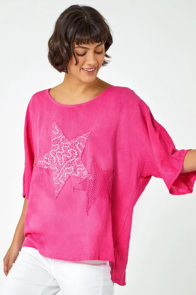 Pink Sequin Star Print Tunic Top Women Roman Tops