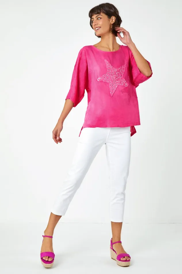 Pink Sequin Star Print Tunic Top Women Roman Tops