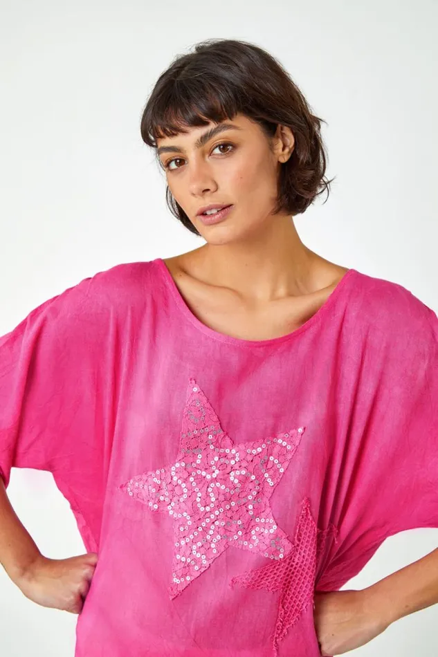 Pink Sequin Star Print Tunic Top Women Roman Tops