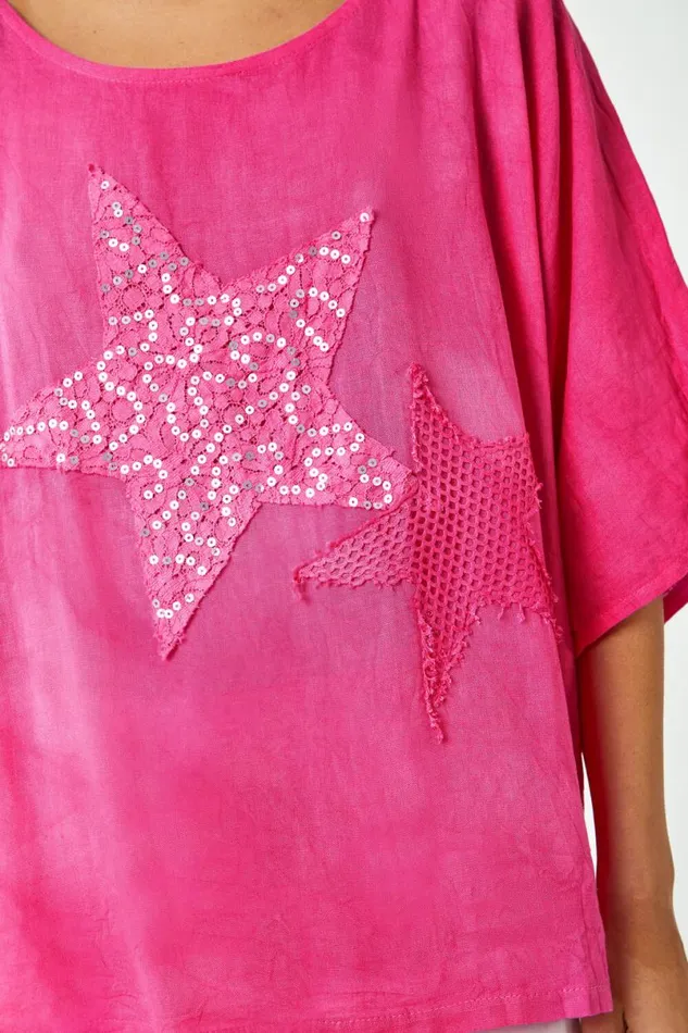 Pink Sequin Star Print Tunic Top Women Roman Tops