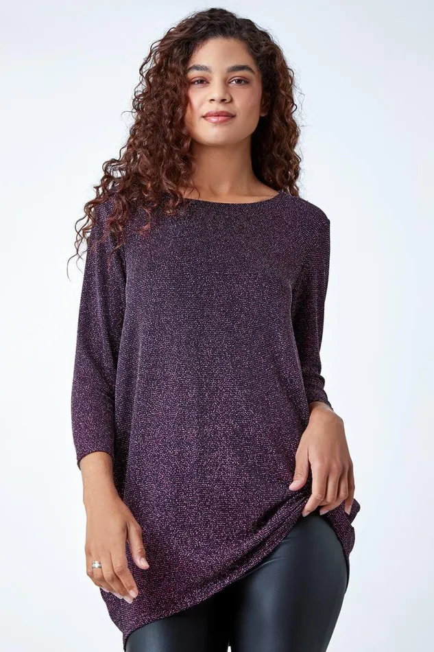 Pink Shimmer Dipped Hem Stretch Top Women Roman Tops