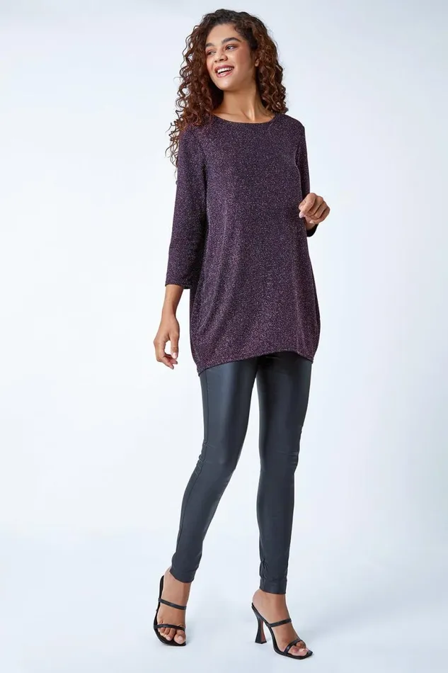 Pink Shimmer Dipped Hem Stretch Top Women Roman Tops
