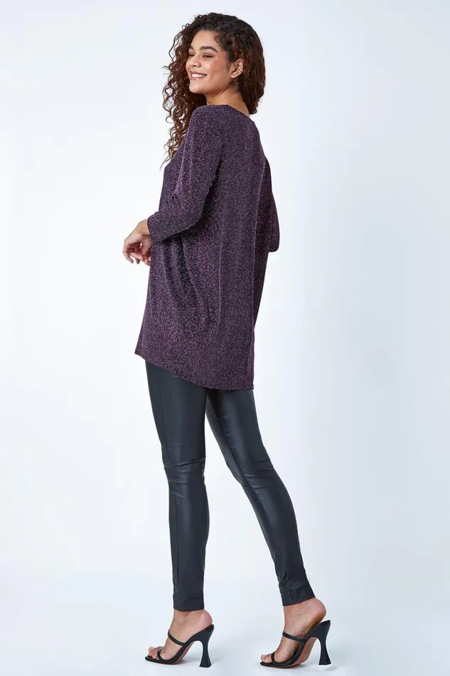 Pink Shimmer Dipped Hem Stretch Top Women Roman Tops