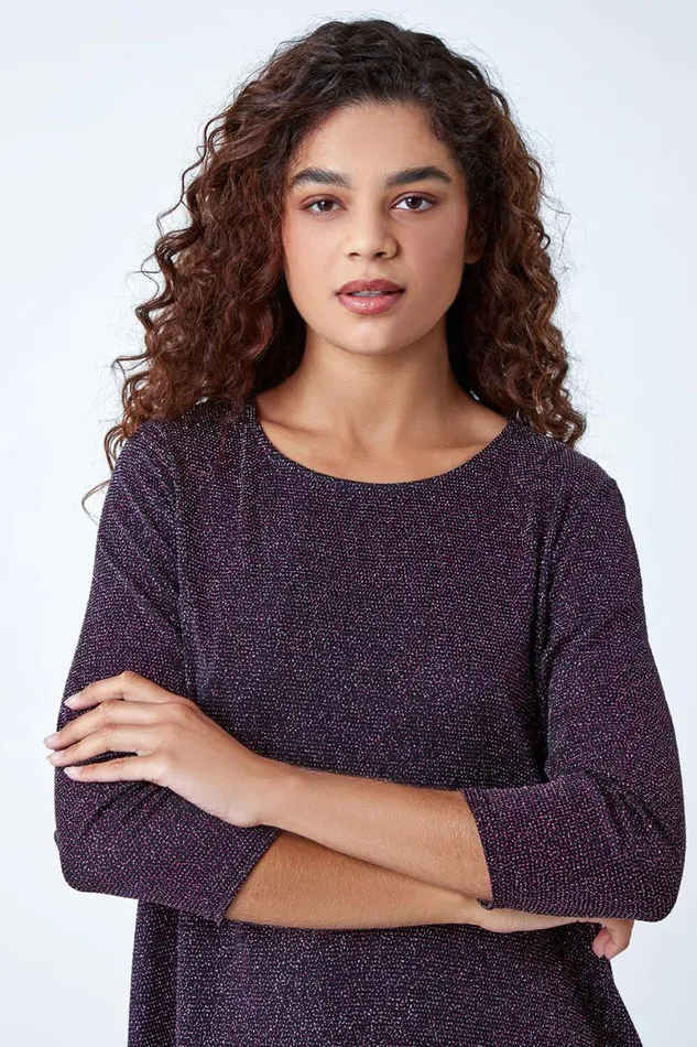 Pink Shimmer Dipped Hem Stretch Top Women Roman Tops