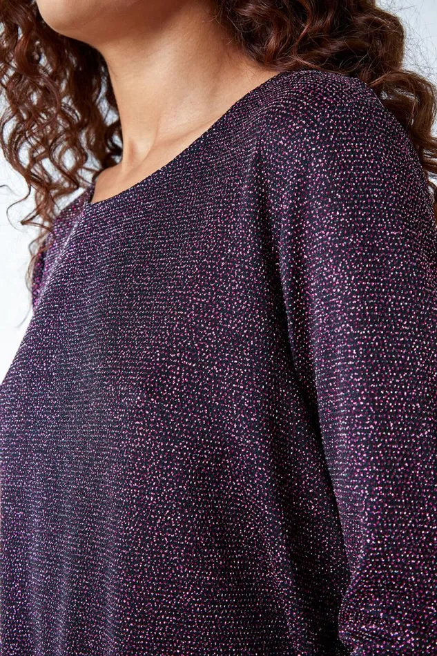 Pink Shimmer Dipped Hem Stretch Top Women Roman Tops
