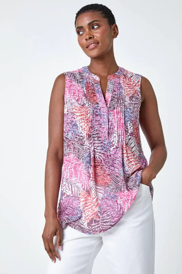 Pink Tropical Print VNeck Pintuck Top Women Roman Tops