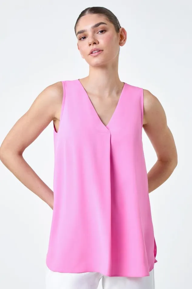 Pink VNeck Sleeveless Pleat Vest Top Women Roman Tops