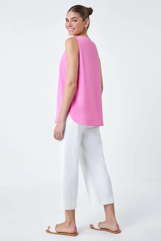 Pink VNeck Sleeveless Pleat Vest Top Women Roman Tops