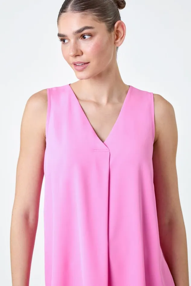 Pink VNeck Sleeveless Pleat Vest Top Women Roman Tops