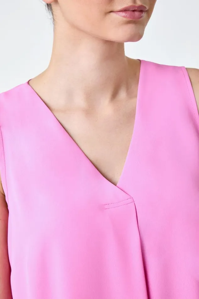 Pink VNeck Sleeveless Pleat Vest Top Women Roman Tops