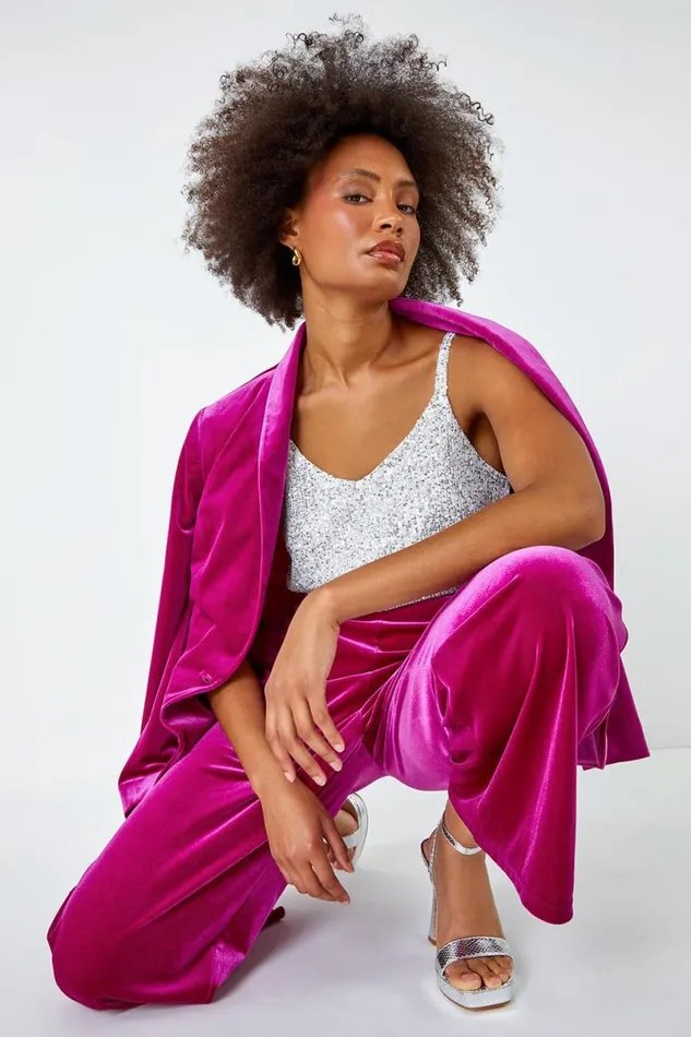 Pink Velvet Elastic Waist Wide Leg Trousers Women Roman Trousers