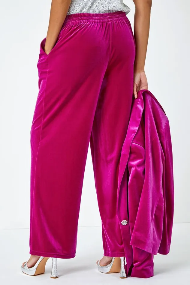 Pink Velvet Elastic Waist Wide Leg Trousers Women Roman Trousers